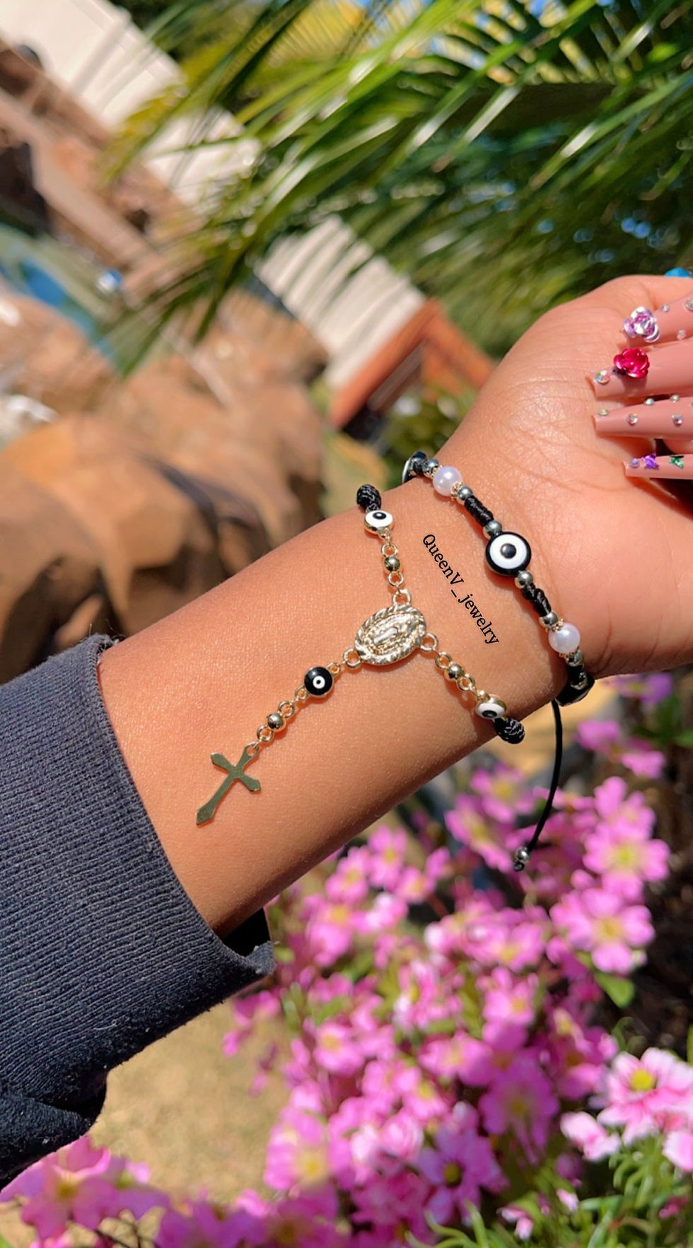 Thumbnail: Guadalupe White and Black Evil eye Rosary Bracelet 🧿