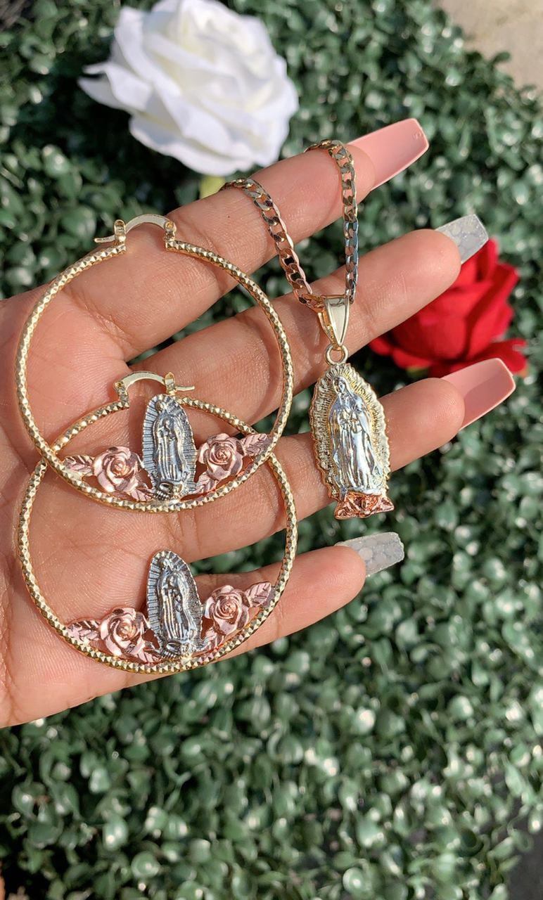 Thumbnail: 3Tone Guadalupe & Roses Hoop Earrings🌹