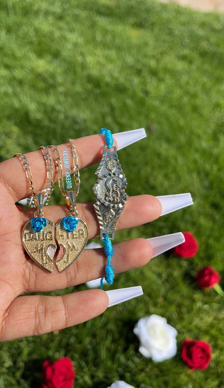 Thumbnail: "Mom & Daughter" Broken Heart Necklace Aqua Roses