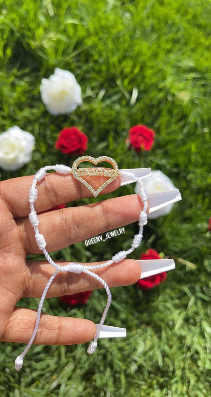 Thumbnail: "Mama" White Heart  Adjustable Thread Bracelet