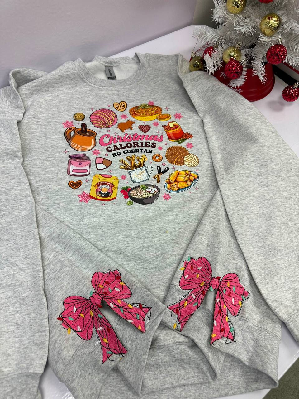 Thumbnail: Christmas Calories Don't Count/ Pink Embroidered Bow Christmas crewneck
