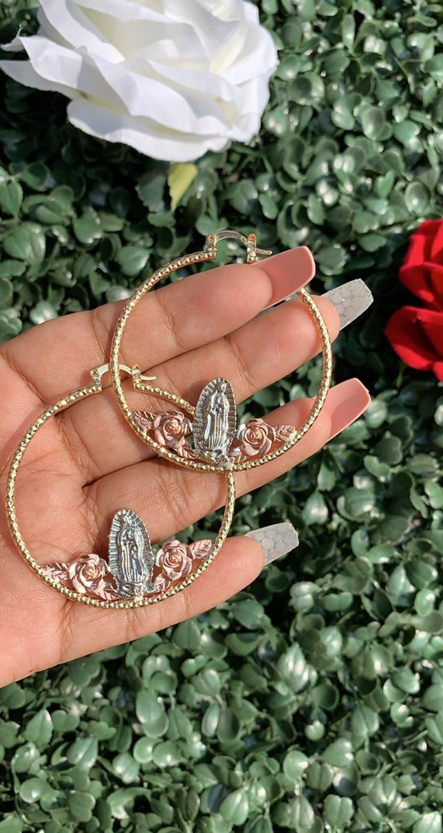 Thumbnail: 3Tone Guadalupe & Roses Hoop Earrings🌹