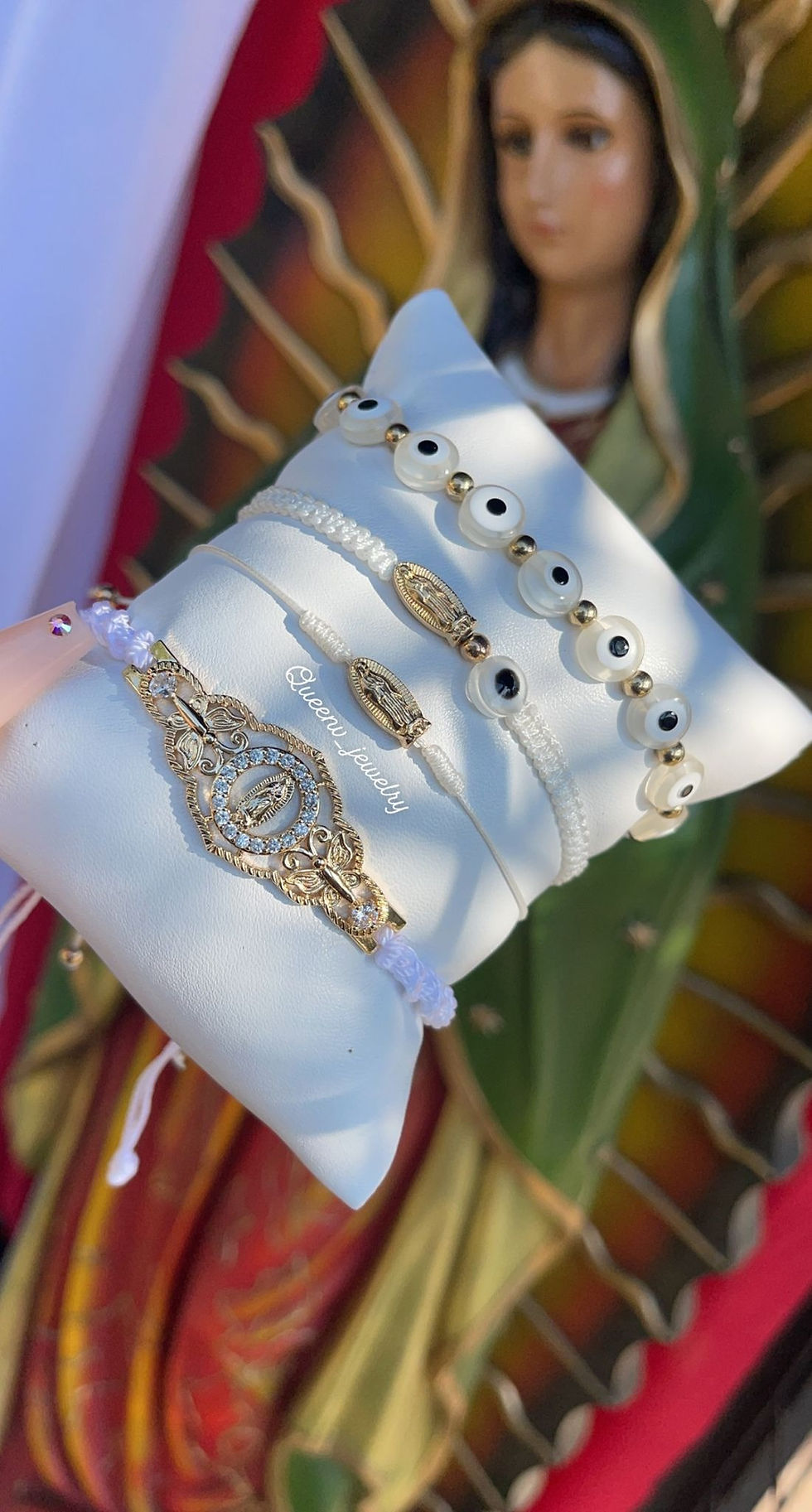 Thumbnail: White Guadalupe & Evil Eye Thread Bracelet