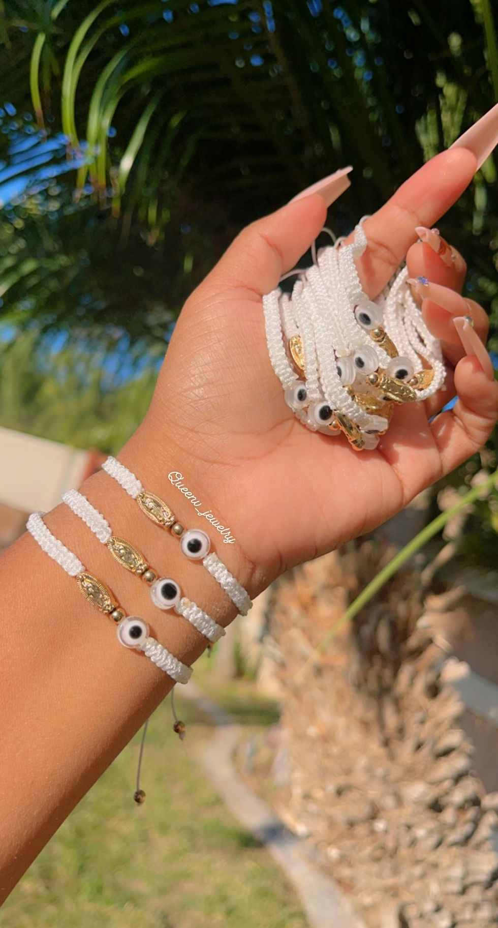 Thumbnail: White Guadalupe & Evil Eye Thread Bracelet