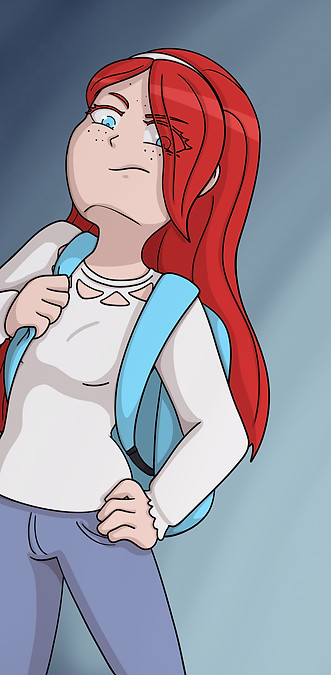 Emily Monson Illustration, a girl with red hair and a backpack looking down on you judgingly, anime style