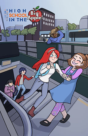 High School in the Big Apple web novel cover art; five students, three female and two male, exit a subway station in New York City.