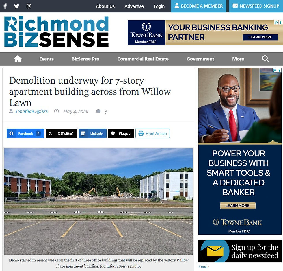 Richmond BizSense: Demolition underway for 7-story apartment building across from Willow Lawn