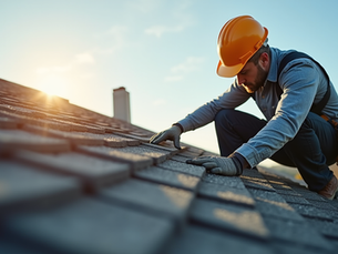 Eye-level view of a roofing contractor inspecting a residential roof