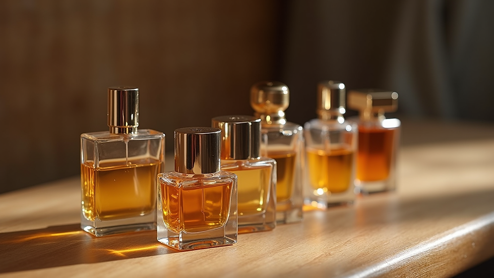 Close-up view of assorted perfume bottles on a wooden table