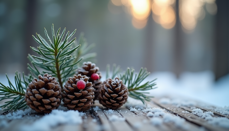 Close-up view of pine cones and frosted juniper berries on a wooden surface in a winter forest