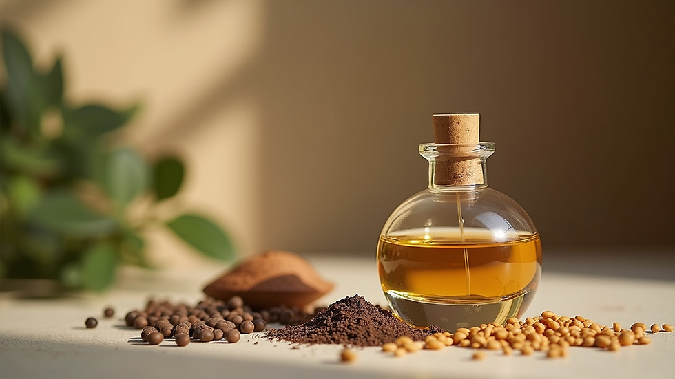 Eye-level view of a handcrafted perfume bottle with natural ingredients in the background