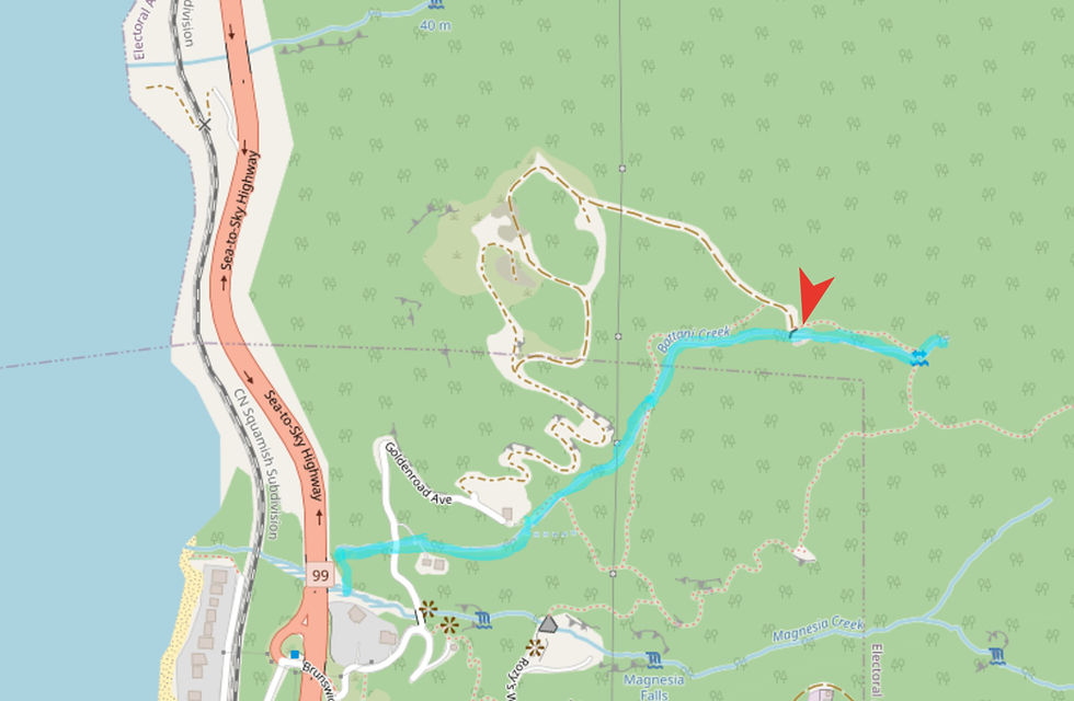 Battani Creek (in light blue). Water reservoir marked with red arrow. Source: Open Source Street Maps.