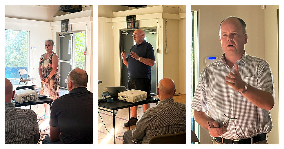 EPC Mary Brown, ACRD Director Bob Beckett and AB Consulting's Chris Jancowski address the new Community Evacuation Plan at the Village Hall June 23.