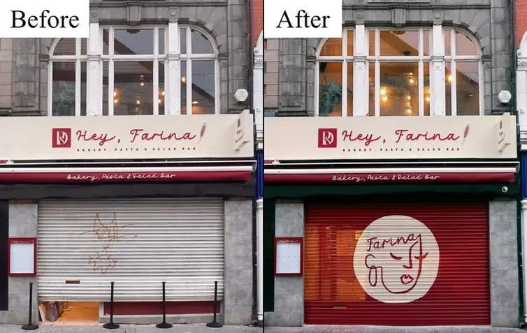 Spray-painted restaurant shutters featuring business logo reproduction, before and after, commercial artwork by Joe Forrest Fine Artist