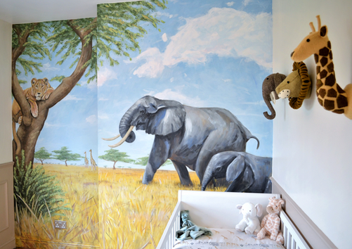 Hand-painted African safari nursery mural featuring elephant, leopard and giraffes, private home commission 