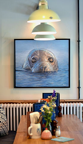 Hilbre Island Seal painting, Acrylic on canvas, commercial artwork for west kirby pub the viking in wirral