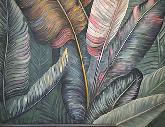 close-up detail view of painted foliage on a wall mural at Brunchin restuarant, Liverpool