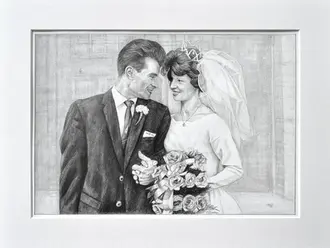 Mounted A3 pencil portrait of a couple outside a church on their wedding day, 1960s