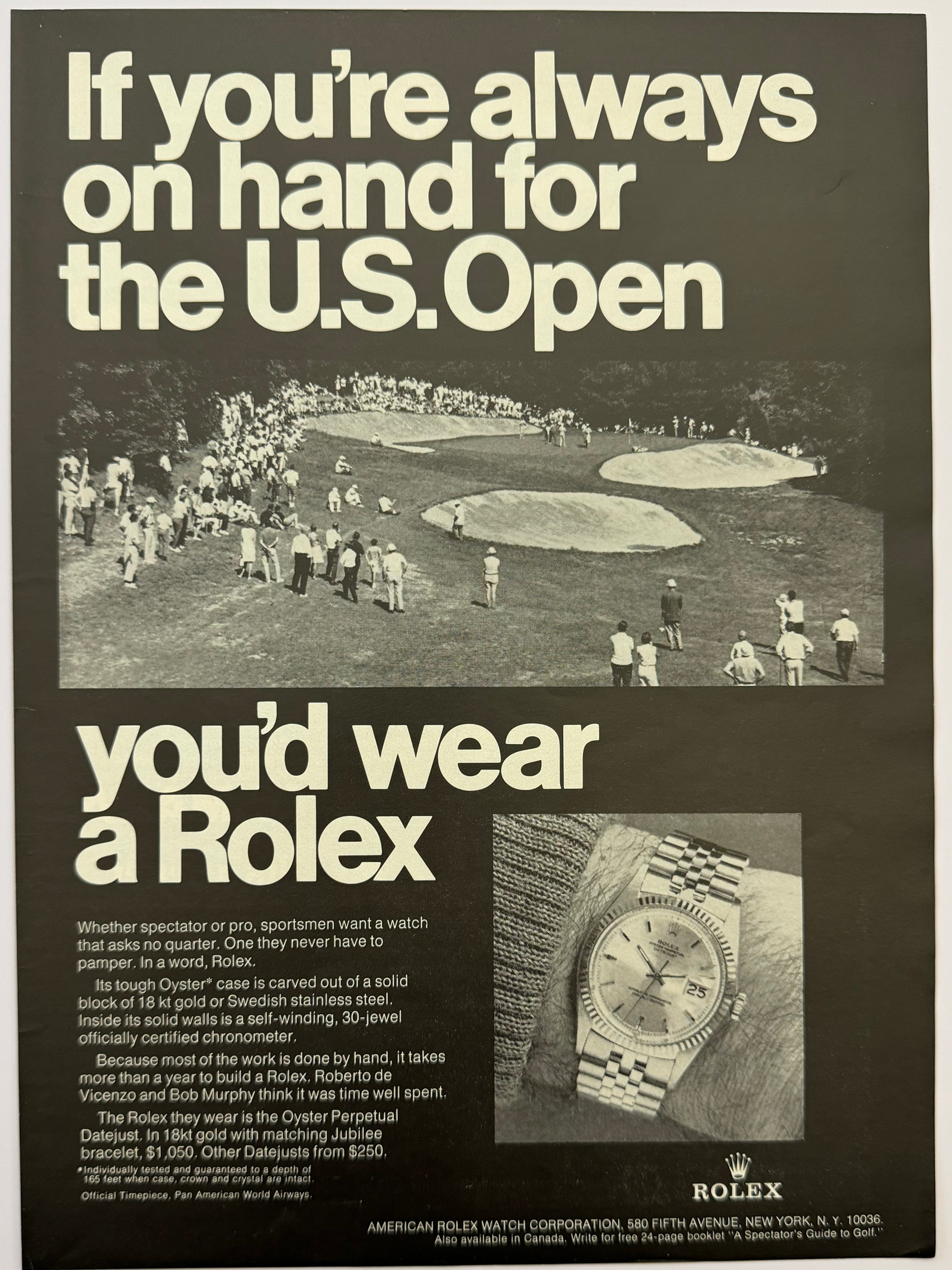 1969 Rolex Datejust "If you're always on hand at the US Open" Ad