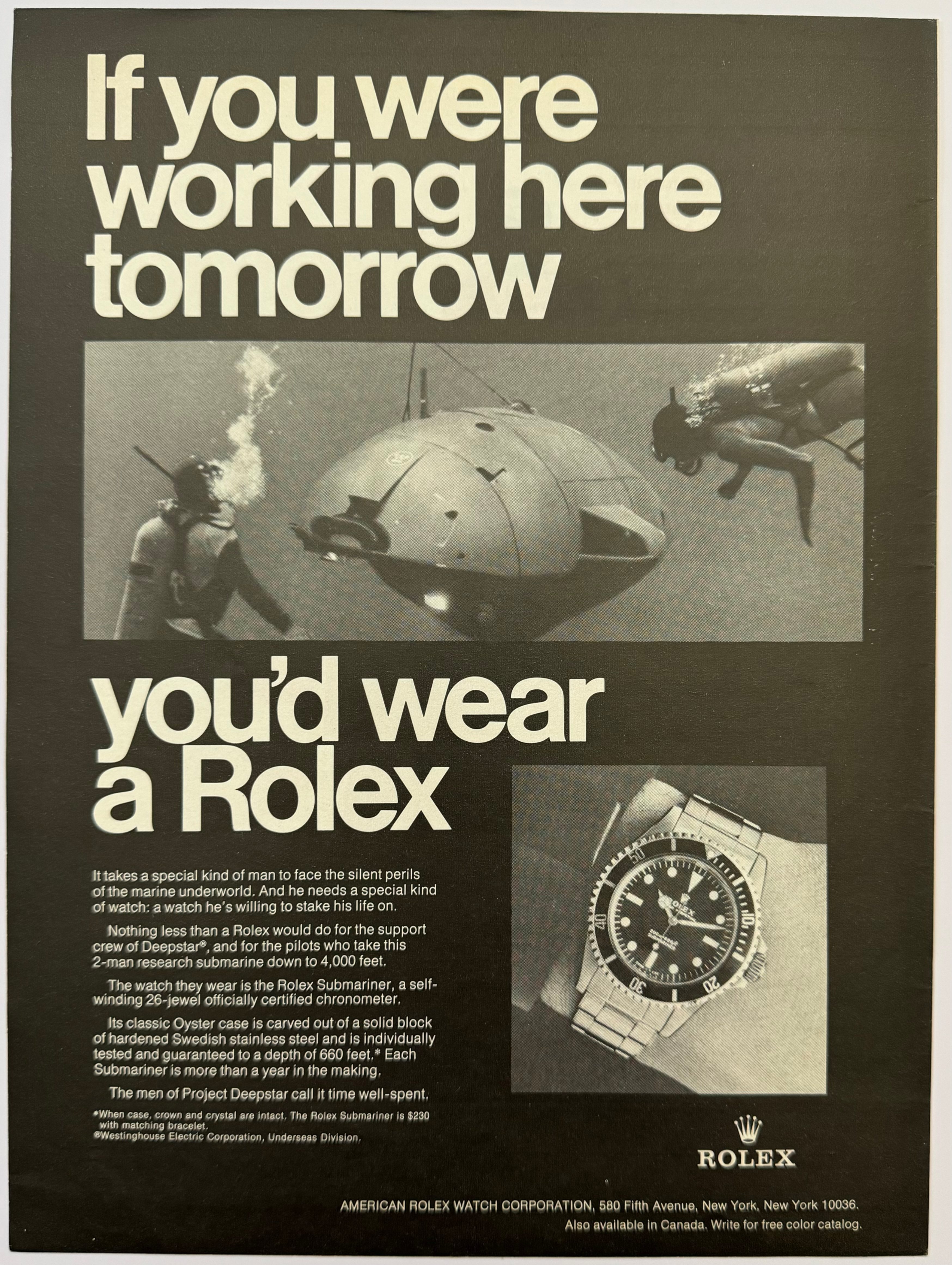 1969 Rolex Submariner "If you were working here tomorrow" Ad