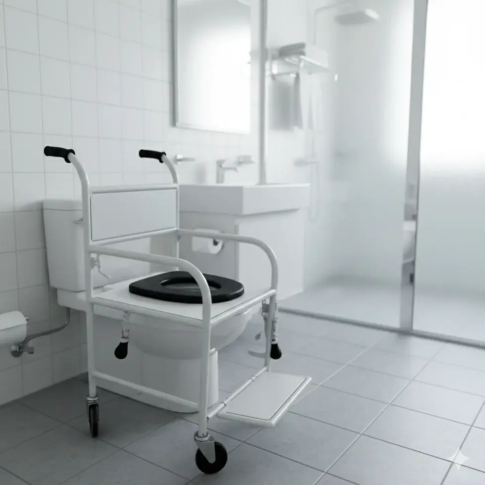 Commode wheelchair placed over toilet in bathroom – shower and toilet assistance wheelchair for elderly patients in India.