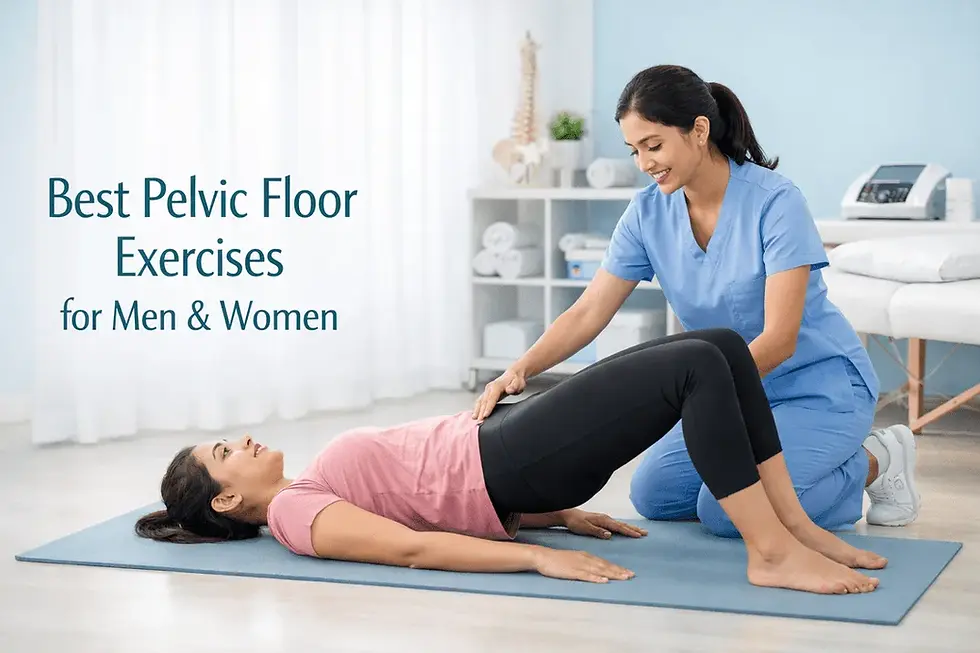 Best pelvic floor exercises for men and women in Mohali – professional physiotherapist guiding young woman in bridge pose for pelvic floor strengthening, postpartum recovery and urinary incontinence treatment in modern physiotherapy clinic.