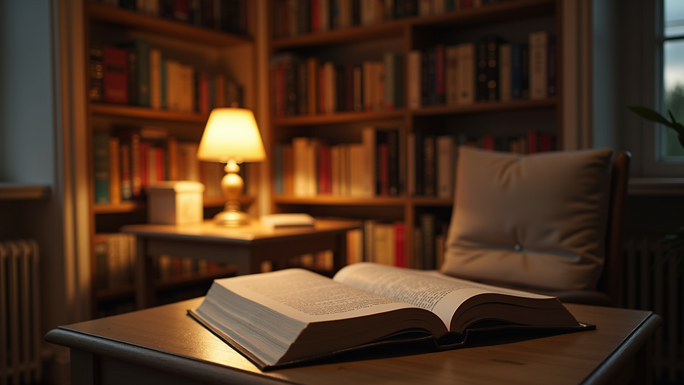 Eye-level view of a cozy reading nook with books and a warm lamp