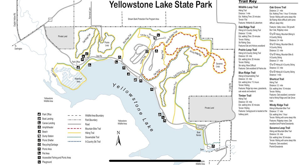 Map of Yellowstone Lake State Park. The lake takes up most of the image. Trails and the campground are on the north end. A key is shown in the bottom left. Trail key and details are on the right of the image.