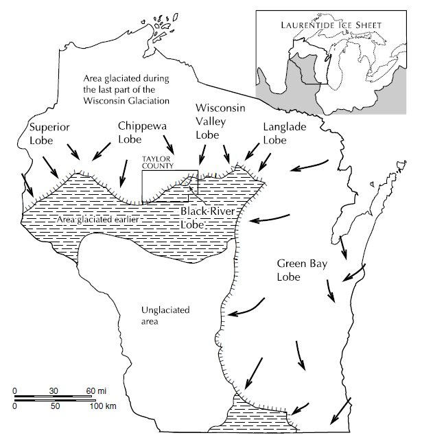 Image of Wisconsin showing glaciation. The SE of the map is unglaciated. The west and north were covered by several lobes. 