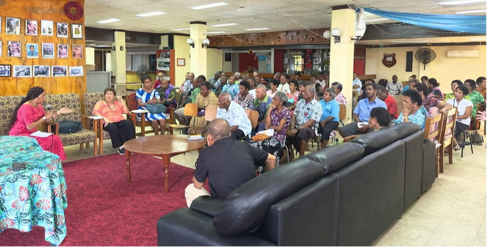 2025. Members of the Fiji Nuclear Veterans and Families Association having a talanoa with their director, Merewalesi Tuilau and deputy director Mr. Aisake Vula.