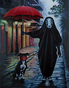 Painting of a black shrouded figure with white mask holding a red umbrella over a black and white dog in a misty street
