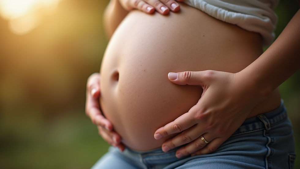 Close-up view of a pregnant belly with hands gently resting on it
