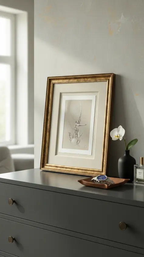 Boceto clásico de ángel enmarcado con moldura dorada ornamentada y María Luisa texturizada.