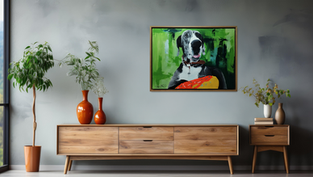 Cuadro de perro enmarcado en moldura moderna, colgado en sala decorada con estilo escandinavo.