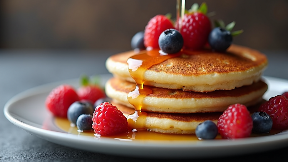 Close-up view of a stack of mini pancakes topped with fresh berries and syrup