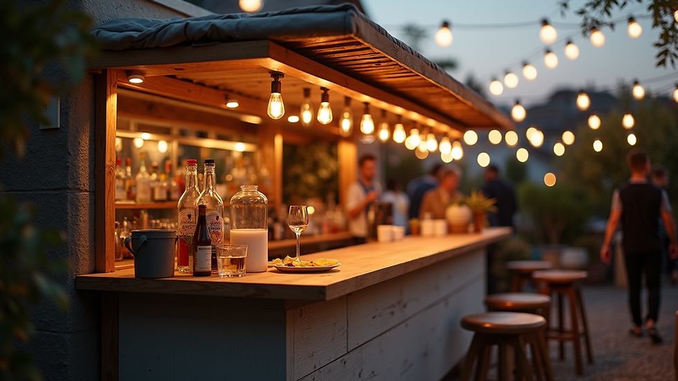 Eye-level view of a stylish mobile bar setup at an outdoor event