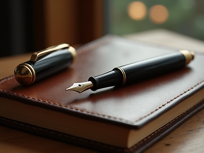 An-antique-fountain-pen-rests-on-a-leather-bound-journal-with-soft-lighting-creating-a-moo
