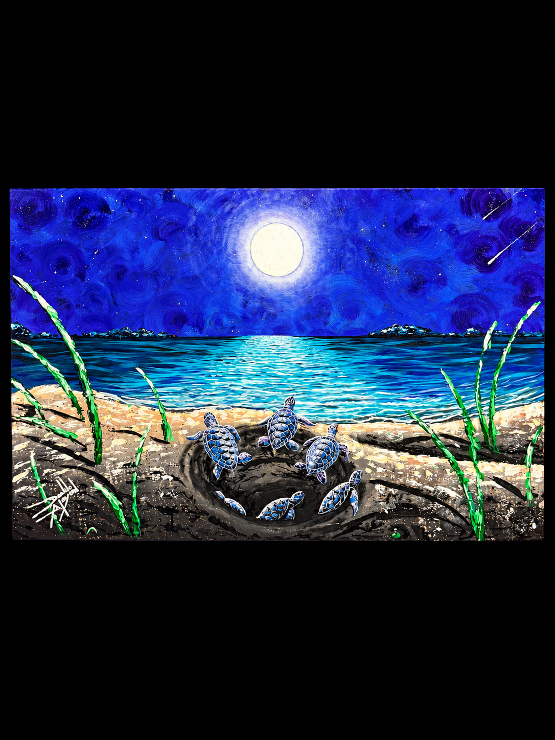 Moonlit coastal scene with a crab in the foreground