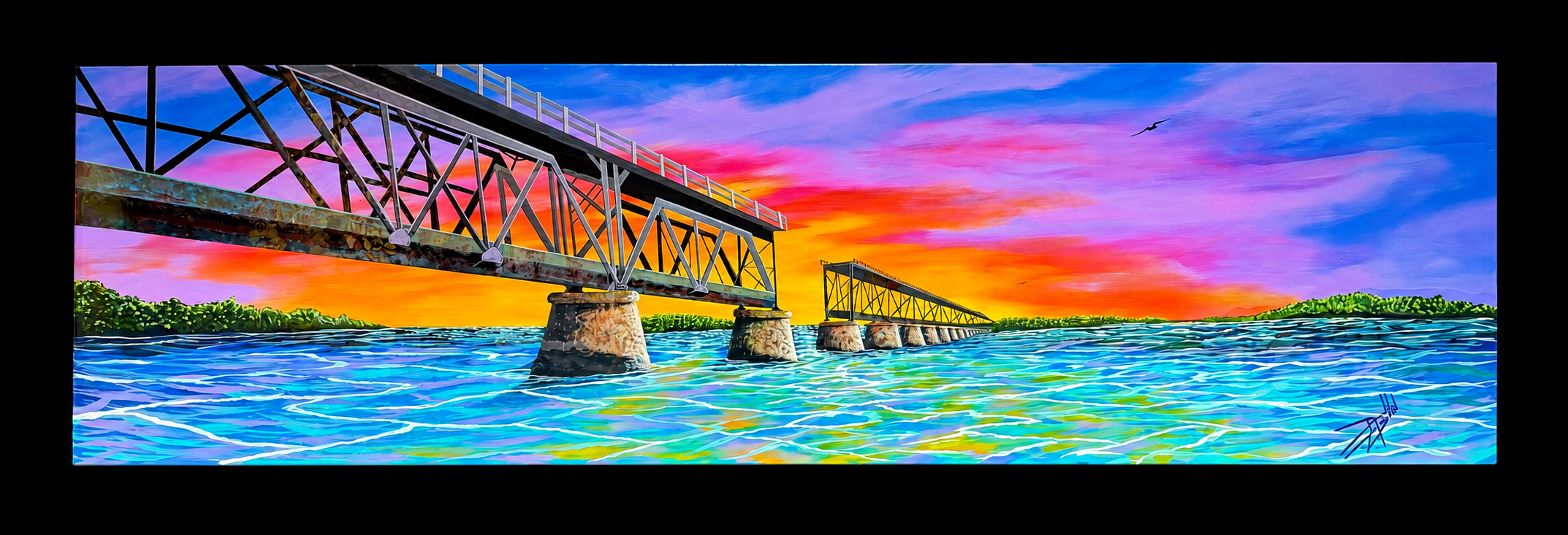 Panoramic bridge painting with bright sunset and turquoise water
