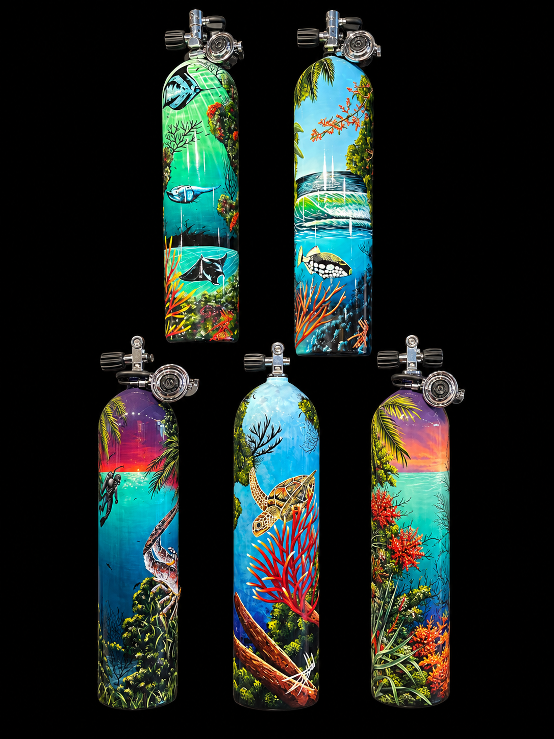 Painted dive tanks featuring sea turtles, rays, fish, coral, and ocean scenes