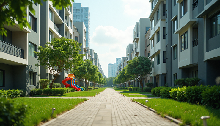 Eye-level view of a modern Singaporean residential neighborhood with greenery and family-friendly amenities