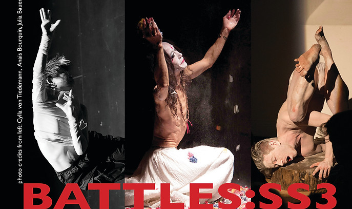 A collaged image of three figures. The first is of Mari Osani with one arm outstretched over her head, the other over her face; the second Ken Mai with both hands up to the sky, their face painted white and seated bare chested in long flowing white skirt; and third Paul Michael Henry painted white with their feet up and flexed singing to a big chunk of log.