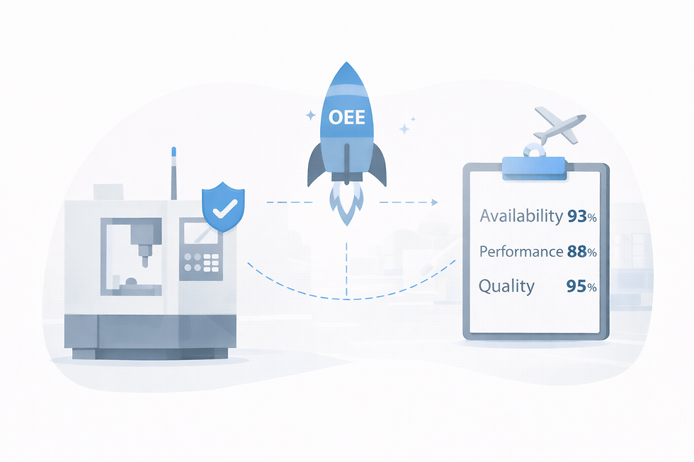 OEE calculation example for a CNC aerospace shift: inputs, step-by-step math for Availability, Performance, Quality, plus how to read losses by shift