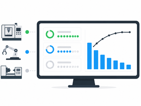 A manufacturing dashboard for CNC shops: live run/idle/down visibility plus downtime Pareto by reason codes to recover hidden capacity without misleading KPIs