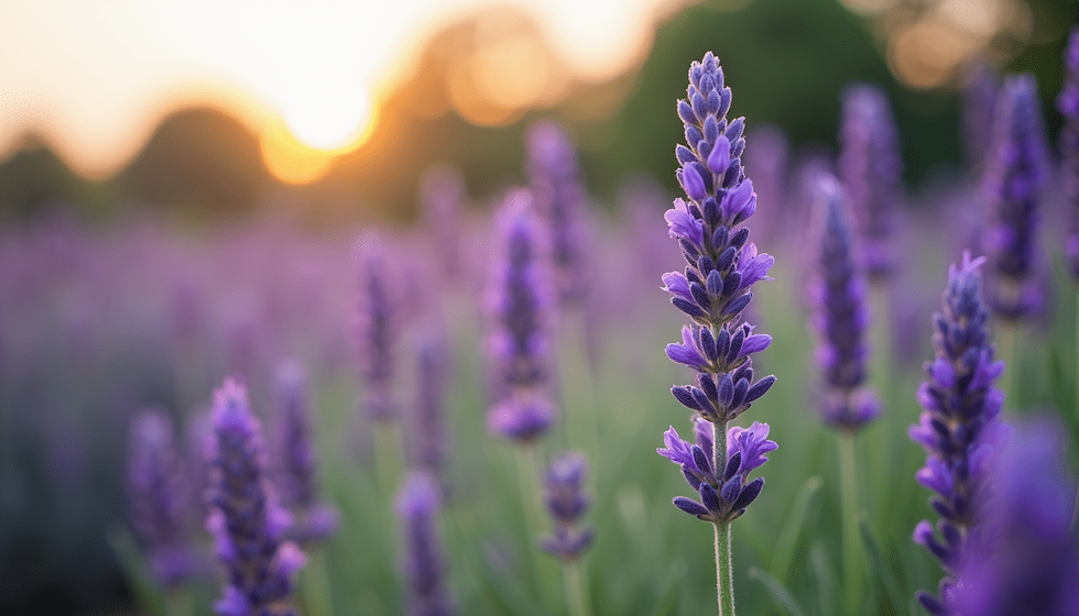 Close-up view of lavender blossoms beside rosemary