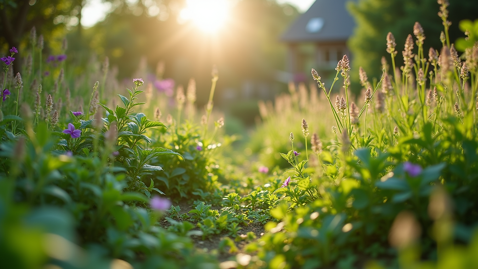 Eye-level view of a vibrant herbal garden with various companion plants