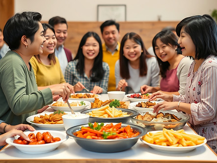 asian church fellowship with happy asian and caucasian people with different potluck dishe