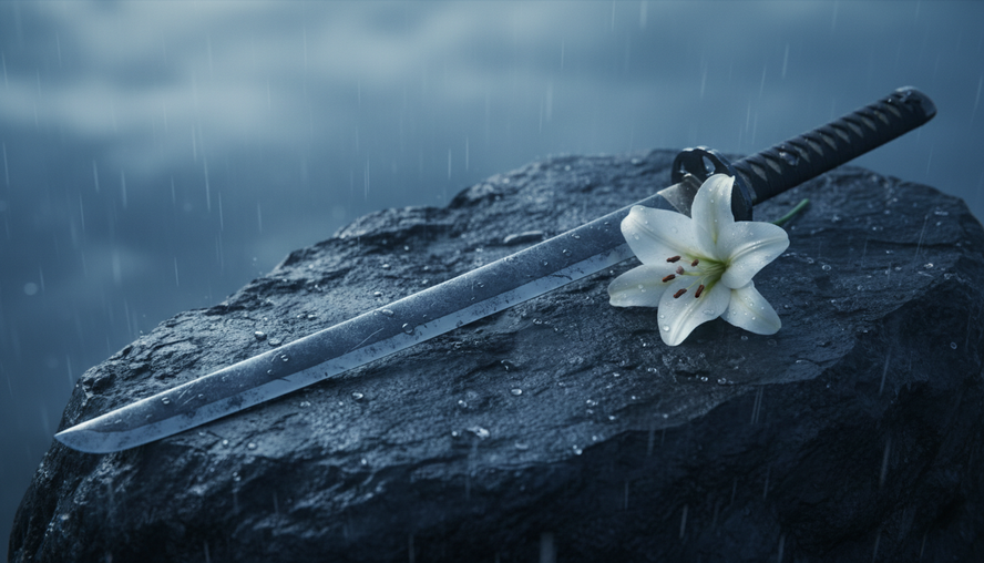 Close-up of a weathered sword resting beside a white flower on dark stone.