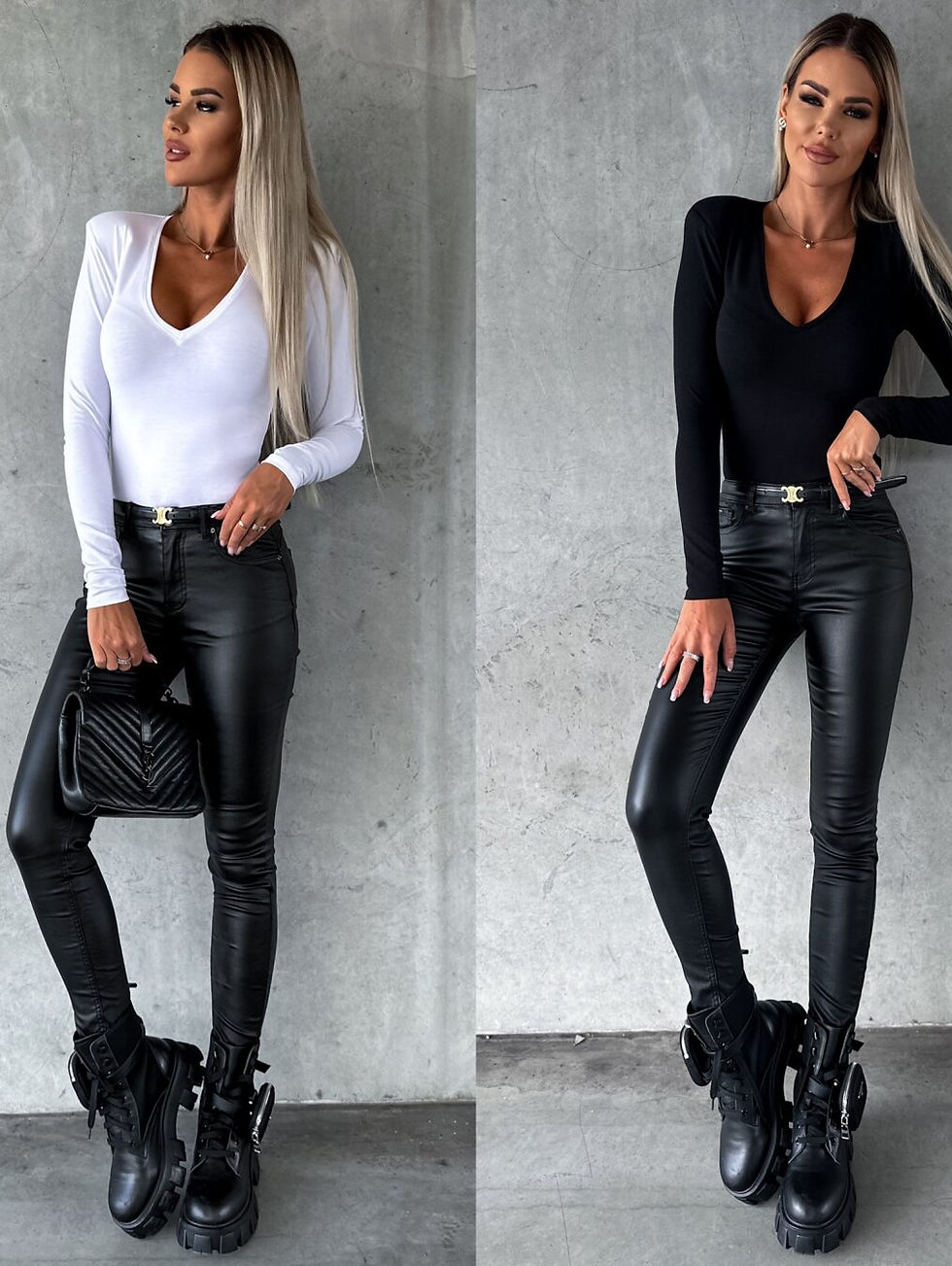 Miniatura: Dos mujeres modelan blusas V-neck y pantalones negros efecto cuero.