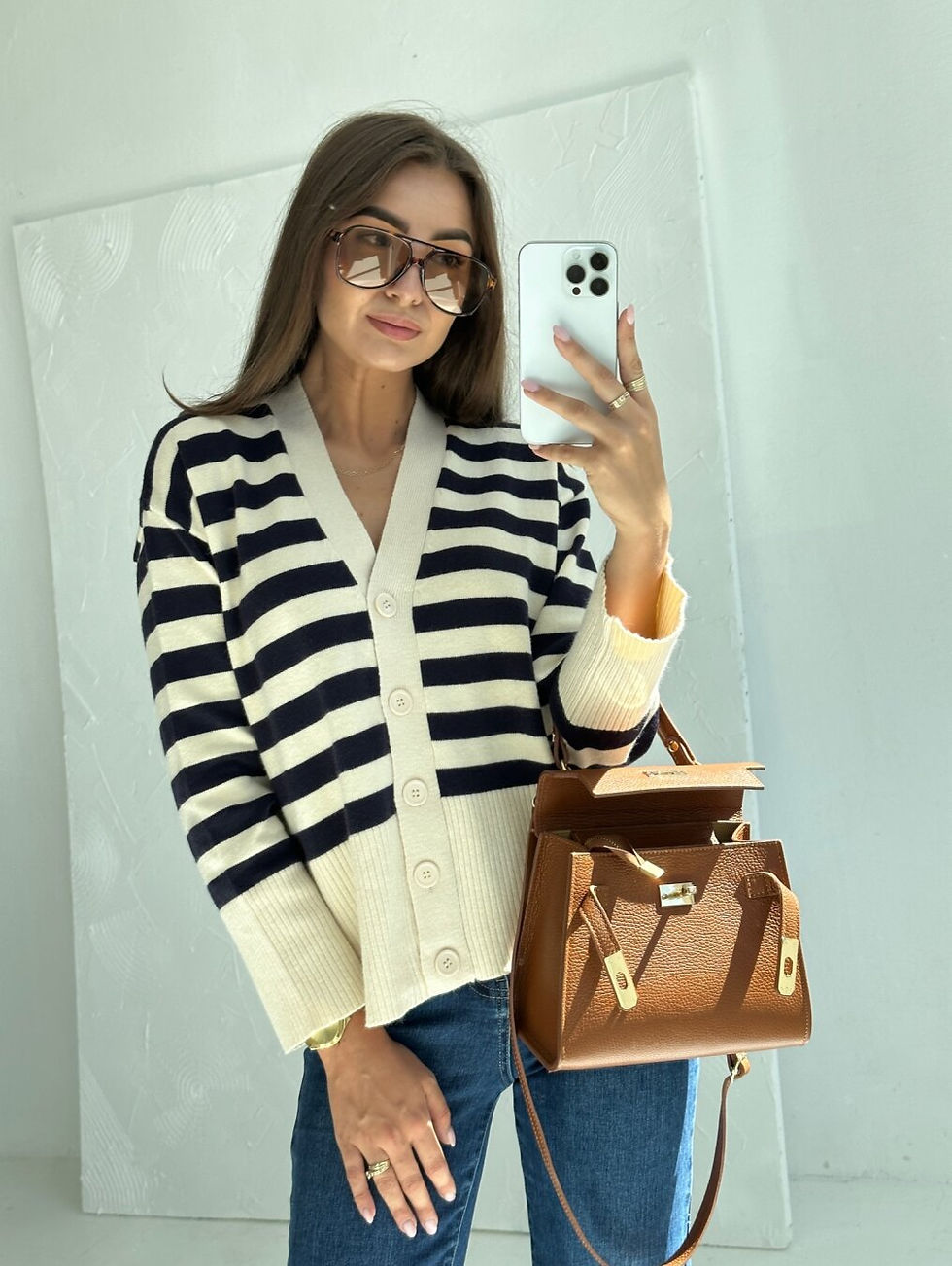 Sweater Cardigan Rayado Blanco con Negro Importado